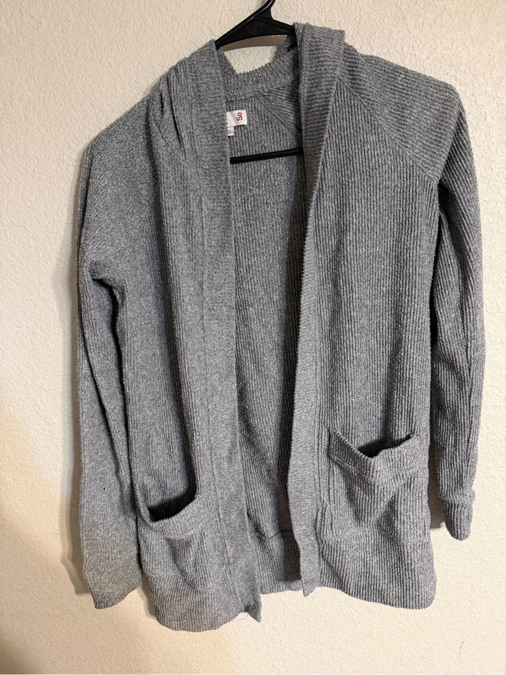SO Womens Grey Open-Front Knit Cardigan with Pockets